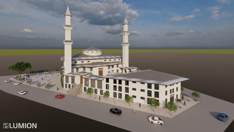 İmamı Gazali Camii ve Kur’an Kursu projesinin 3D dış cephe render görüntüsü