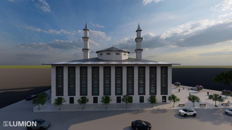 İmamı Gazali Külliyesi’nin cami, gençlik merkezi ve Kur’an kursu bölümlerini gösteren mimari çizim